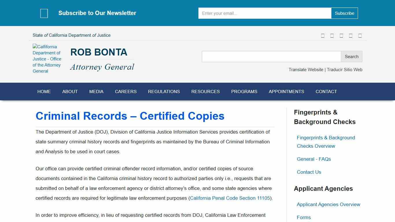 Criminal Records – Certified Copies State of California - Department of Justice - Office of the Attorney General